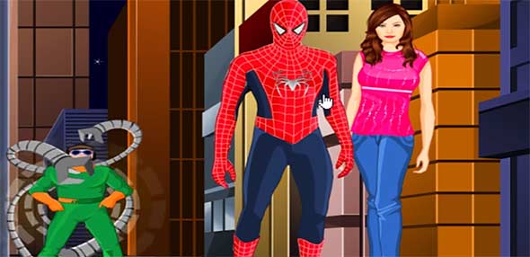 Spiderman kisses a girl while dr Octopus observes from behind